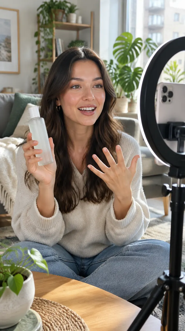 A creator recording a UGC style product video with her phone